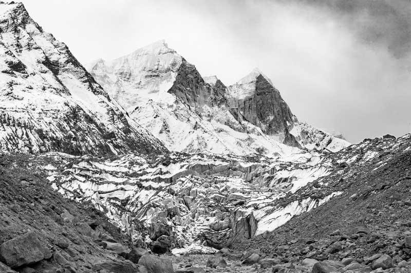 Gaumukh, Gangotri and Bhagirathi group of peaks at the back in Uttarkashi district, Uttarakhand